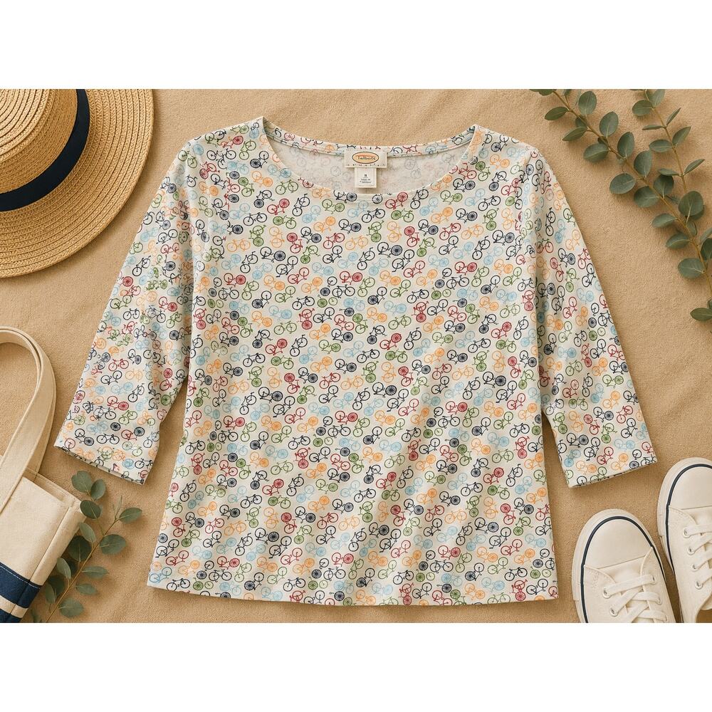 Vintage 90s Talbots Petites Women's Boatneck Bicycle Print 3/4 Sleeve Tee Size S